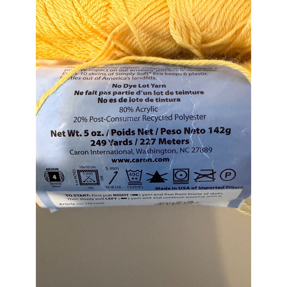 Caron Simply Soft Eco Yarn Sundrop Yellow 3 Skeins 5oz Medium Recycled Polyester - Picture 3 of 3